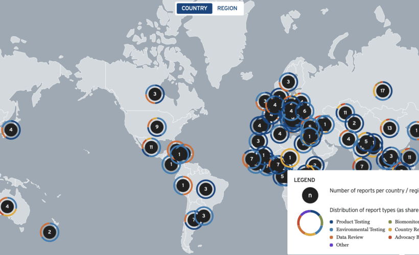world map with dots showing countries where IPEN members work on plast